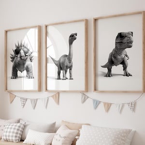 Puede incluir: Tres impresiones enmarcadas en blanco y negro de dinosaurios con gafas de sol. Las impresiones están colgadas en una pared blanca sobre un banco de almacenamiento de madera con cojines blancos y grises.