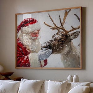 Santa Claus Reindeer Wall Art, Santa and Reindeer, Forest Snowfall in Winter Printable Christmas Home Decor, Christmas Wall Art Vintage