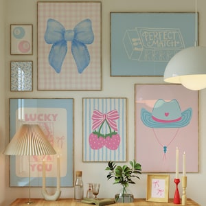 Pink and Blue Preppy Set of 8, Aesthetic Coastal Wall Art, Trendy Girls Dorm Room Decor, How Lucky Are We Print, Cute Coquette Bow, Girly