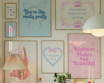 Self Love Wall Art, Pink and Blue Preppy Set of 10, Positive Affirmations Wall Art, Trendy Girls Dorm Room Decor, Cute Coquette Bow, Girly