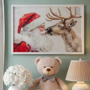 Santa Claus Reindeer Wall Art Print, Santa Kissing Reindeer, Forest Snowfall in Winter Printable Christmas Home Decor, Digital Download