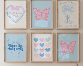 Self Love Wall Art, Pink and Blue Preppy Set of 10, Positive Affirmations Wall Art, Trendy Girls Dorm Room Decor, Cute Coquette Bow, Girly