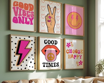 Indie Room Decor Aesthetic Teen Room Decor Y2K Dorm Room Decor For Girls Pink and Orange Wall Art Set Of 6 Prints Teen Girl Room Decor