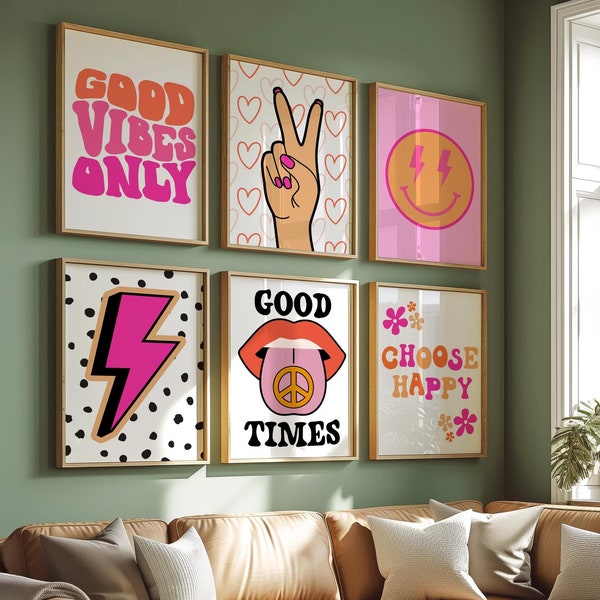Indie Room Decor Aesthetic Teen Room Decor Y2K Dorm Room Decor For Girls Pink and Orange Wall Art Set Of 6 Prints Teen Girl Room Decor
