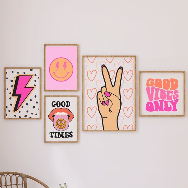 Indie Room Decor Aesthetic Teen Room Decor Y2K Dorm Room Decor For Girls Pink and Orange Wall Art Set Of 6 Prints Teen Girl Room Decor