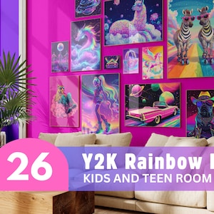 Juego de 26 impresiones de arte de pared para habitación de niños, arte de pared de los años 90, impresiones de habitación Y2K, póster de arcoíris de neón, estética Y2K, decoración de habitación retro colorida