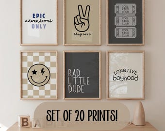 Neutral Boys Room Decor, Neutral Boys Nursery, Printable Set of 20, Kid Room Art Prints, Nursery Wall Art, Boys Wall Prints, Cool Kid Decor