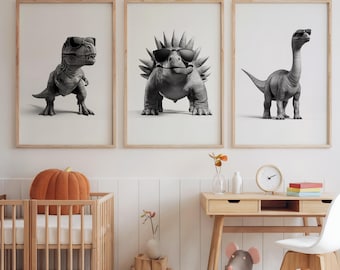 Set van 3 dinosaurusafdrukken, dinosauruskunst aan de muur, decor dinosaurus kinderkamer, decor jongenskamer, jongenskamer decor, realistische dinosauruskunst, dinosaurus kinderprints