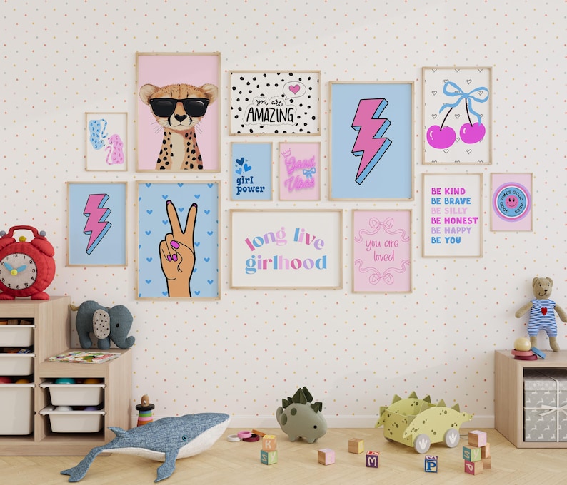 Good Vibes Decor Aesthetic Teen Room Decor Y2K Dorm Room Decor For Girls Pink and Blue Wall Art Set Of 14 Prints Teen Girl Room Decor Cherry