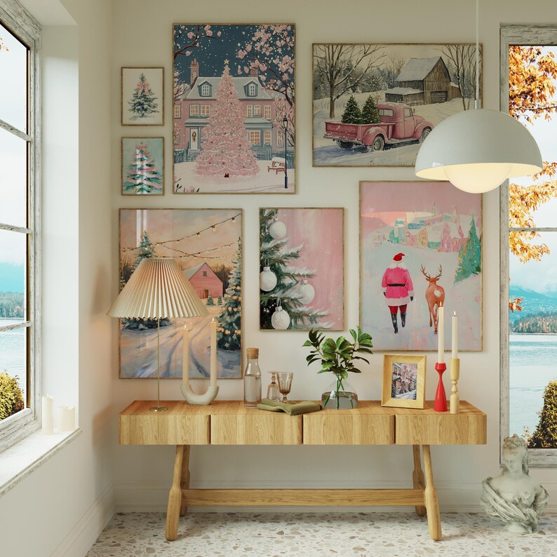 Preppy Christmas Wall Art Gallery Set | pink pastel Christmas print, trendy Christmas prints, pink Christmas decor, pastel Christmas art