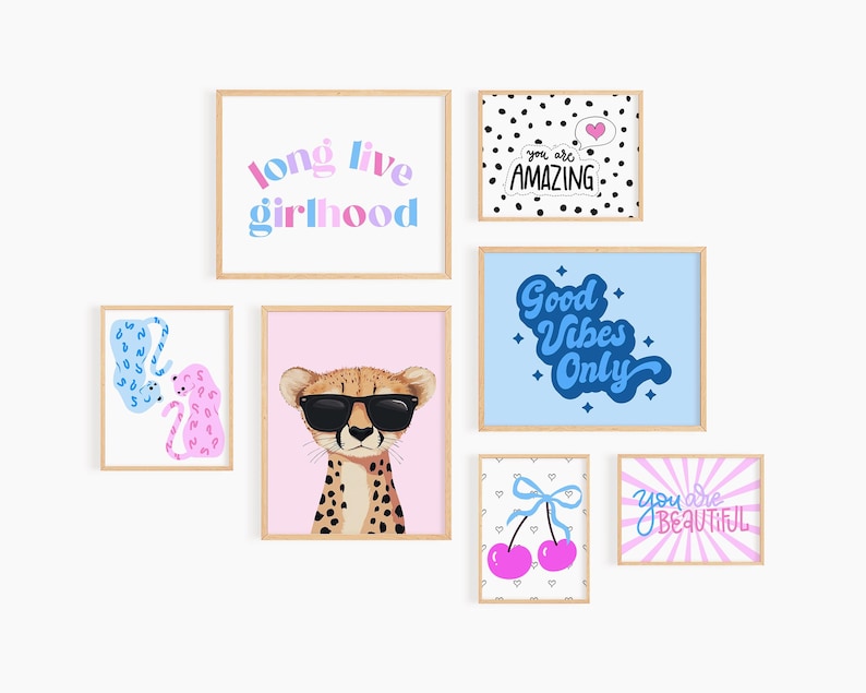 Good Vibes Decor Aesthetic Teen Room Decor Y2K Dorm Room Decor For Girls Pink and Blue Wall Art Set Of 14 Prints Teen Girl Room Decor Cherry