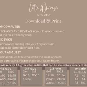 May include: A tan-colored graphic with the text "Little Whimsi Studio" and "Download & Print." Instructions for downloading files on desktop and mobile devices are included, along with a list of file sizes in inches and centimeters.