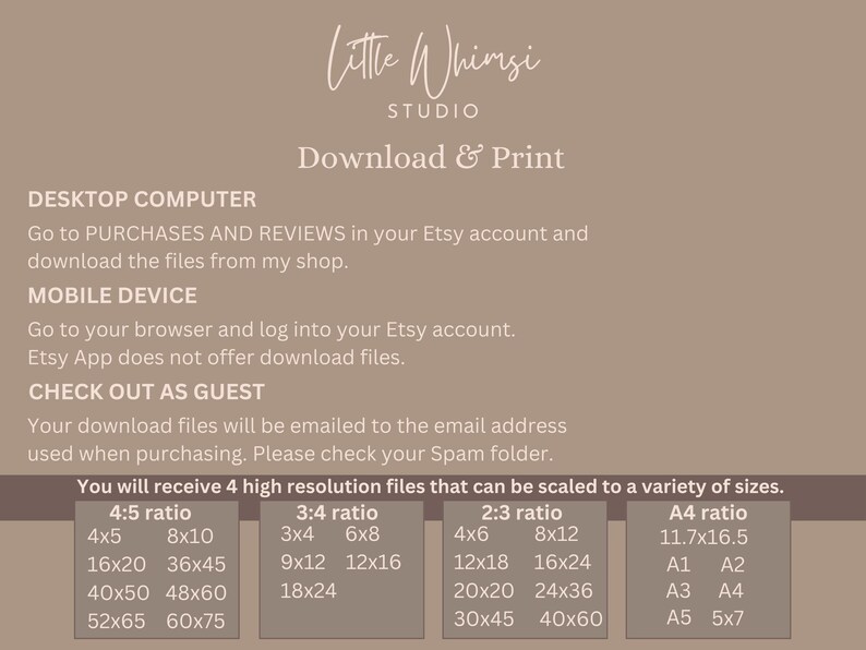 May include: A tan-colored graphic with the text "Little Whimsi Studio" and "Download & Print." Instructions for downloading files on desktop and mobile devices are included, along with a list of file sizes in inches and centimeters.