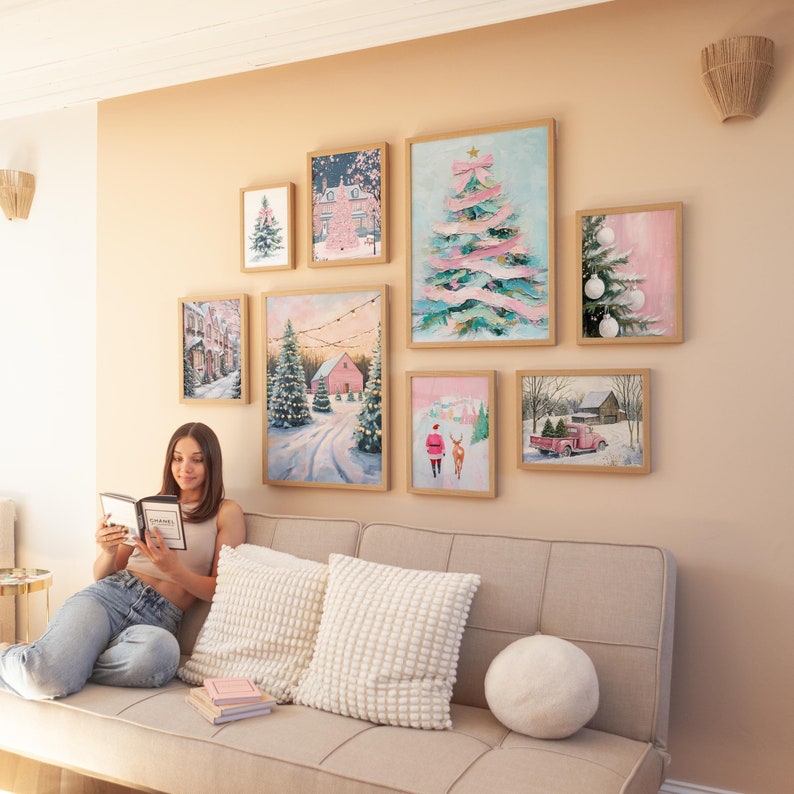 Preppy Christmas Wall Art Gallery Set | pink pastel Christmas print, trendy Christmas prints, pink Christmas decor, pastel Christmas art