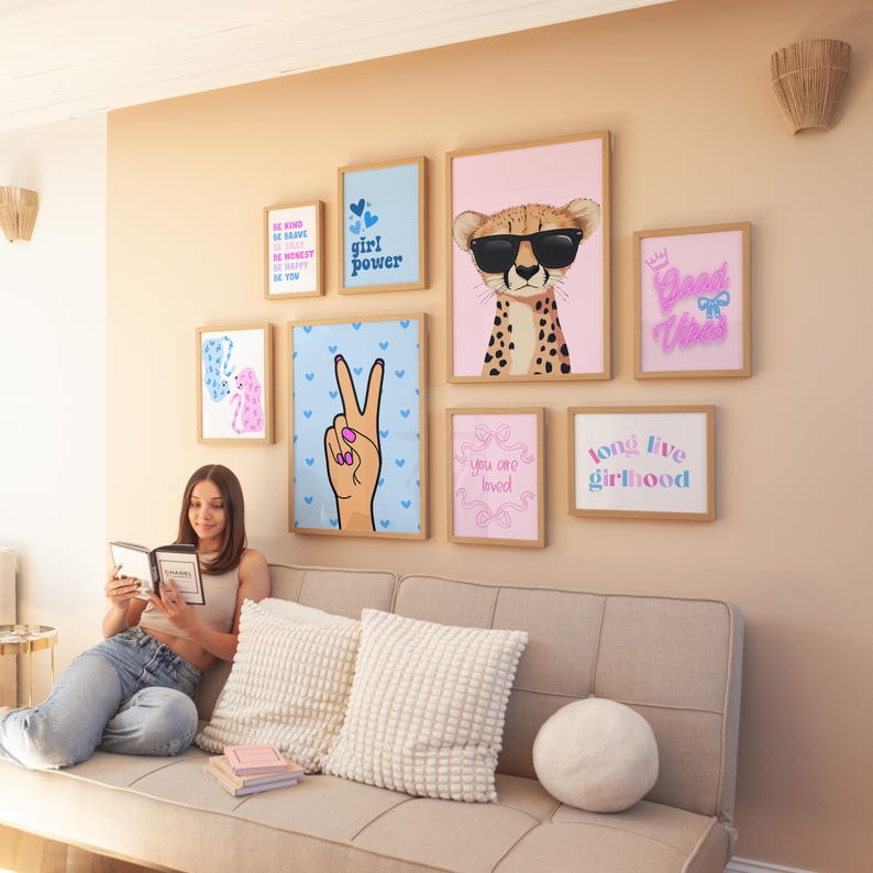 Good Vibes Decor Aesthetic Teen Room Decor Y2K Dorm Room Decor For Girls Pink and Blue Wall Art Set Of 14 Prints Teen Girl Room Decor Cherry