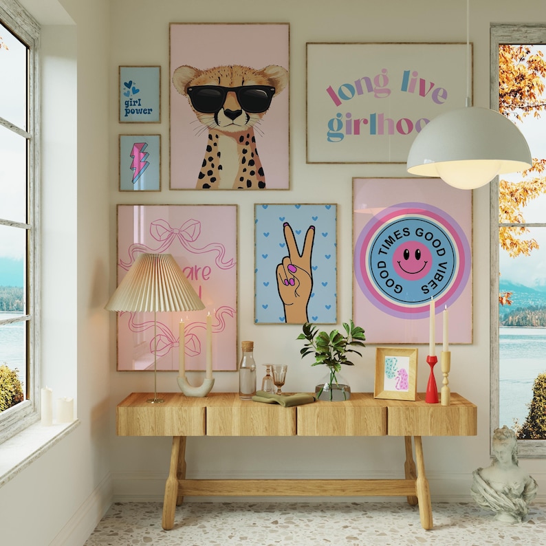 Good Vibes Decor Aesthetic Teen Room Decor Y2K Dorm Room Decor For Girls Pink and Blue Wall Art Set Of 14 Prints Teen Girl Room Decor Cherry