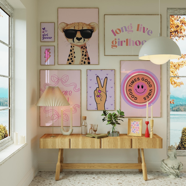 Good Vibes Decor Aesthetic Teen Room Decor Y2K Dorm Room Decor For Girls Pink and Purple Wall Art Set Of 14 Prints Teen Girl Room Decor