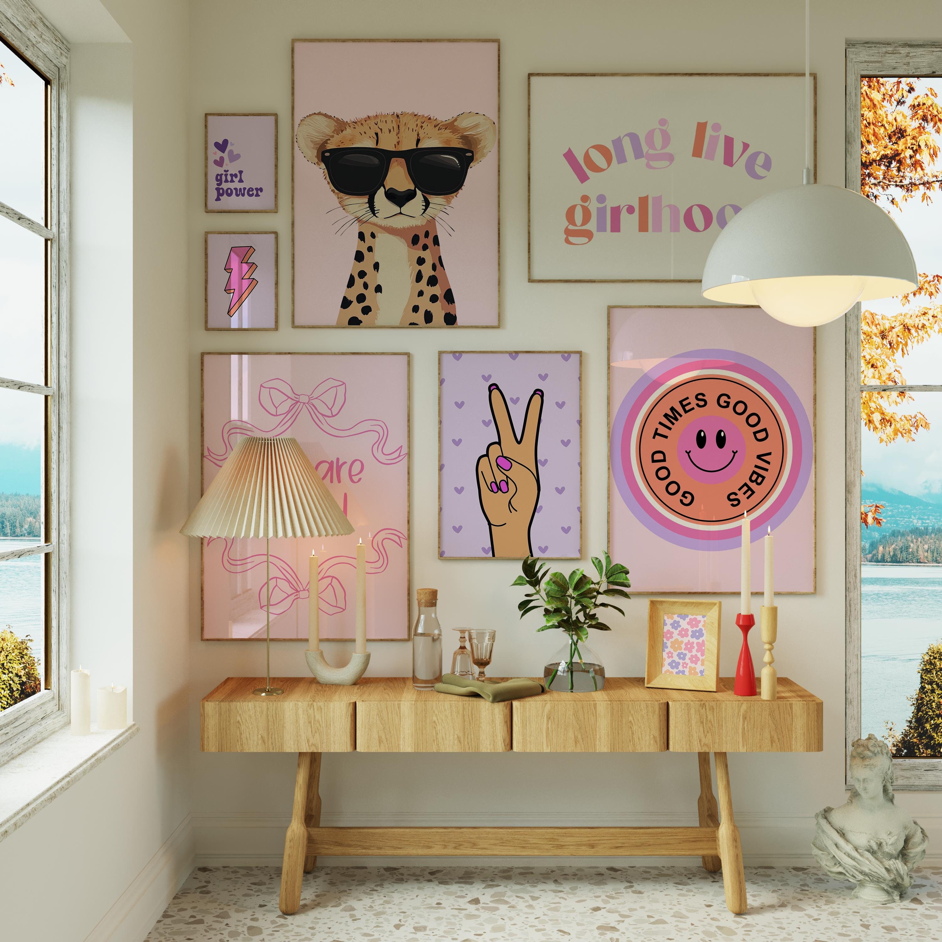 Good Vibes Decor Aesthetic Teen Room Decor Y2K Dorm Room Decor For Girls Pink and Purple Wall Art Set Of 14 Prints Teen Girl Room Decor