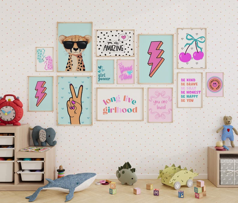 Good Vibes Decor Aesthetic Teen Room Decor Y2K Dorm Room Decor For Girls Pink and Teal Wall Art Set Of 14 Prints Teen Girl Room Decor