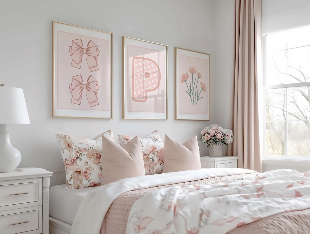 Set of 3 Customized Blush Pink Floral and Bow Wall Art, Girl Room Wall ...