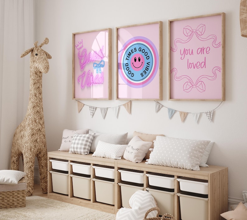 Good Vibes Decor Aesthetic Teen Room Decor Y2K Dorm Room Decor For Girls Pink and Blue Wall Art Set Of 14 Prints Teen Girl Room Decor Cherry