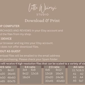 May include: A beige background with the text "Little Whimsi Studio" and "Download & Print" in white. The text below explains how to download digital files from Etsy. A table lists different paper sizes and ratios for printing digital files, including 4:5, 3:4, 2:3, and A4.