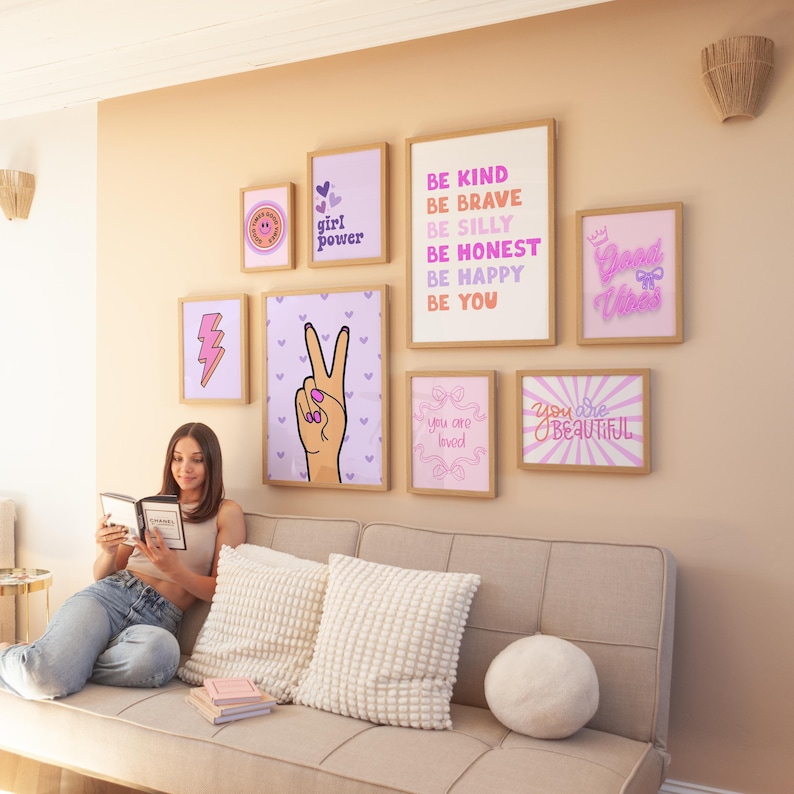 Good Vibes Decor Aesthetic Teen Room Decor Y2K Dorm Room Decor For Girls Pink and Purple Wall Art Set Of 14 Prints Teen Girl Room Decor