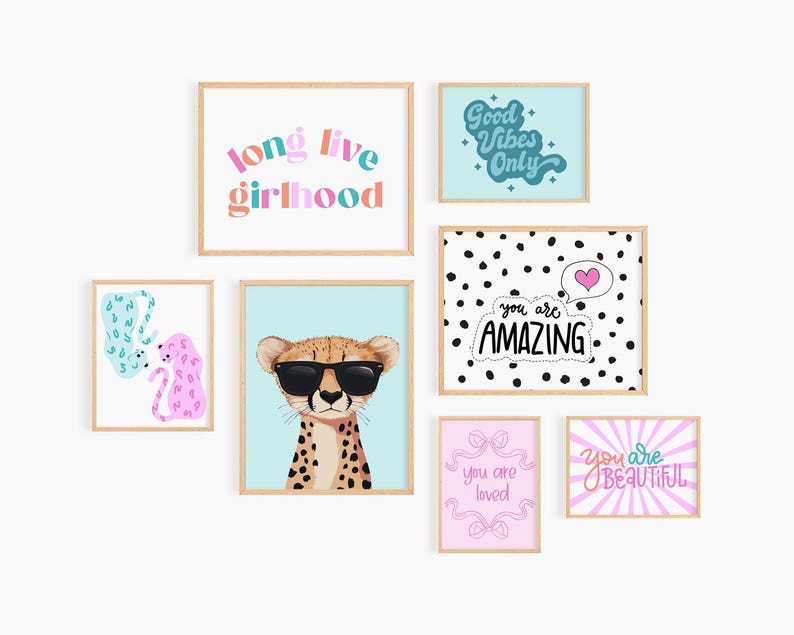 Good Vibes Decor Aesthetic Teen Room Decor Y2K Dorm Room Decor For Girls Pink and Teal Wall Art Set Of 14 Prints Teen Girl Room Decor