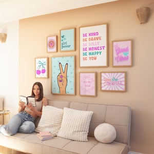 Good Vibes Decor Aesthetic Teen Room Decor Y2K Dorm Room Decor For Girls Pink and Teal Wall Art Set Of 14 Prints Teen Girl Room Decor
