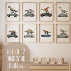 Set of 12 Portrait Dinosaur Prints, Dinosaur on Cars Wall Art, Dino Nursery Decor, Boys Room Decor, Illustration Dinosaur Art, Kids Dinosaur