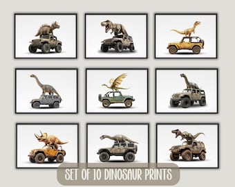 Zestaw 10 wydruków dinozaurów krajobrazowych, sztuka ścienna dinozaurów na samochodach, wystrój pokoju dziecięcego z dinozaurami, wystrój pokoju dla chłopców, realistyczna sztuka dinozaurów, dinozaury dla dzieci