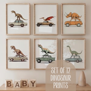 Set of 12 Portrait Dinosaur Prints, Dinosaur on Cars Wall Art, Dino Nursery Decor, Boys Room Decor, Illustration Dinosaur Art, Kids Dinosaur