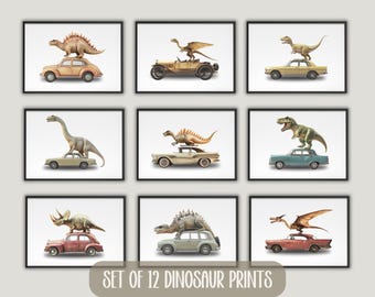 Zestaw 12 wydruków dinozaurów krajobrazowych, sztuka ścienna dinozaurów na samochodach, wystrój pokoju dziecięcego z dinozaurami, wystrój pokoju dla chłopców, realistyczna sztuka dinozaurów, dinozaury dla dzieci
