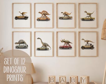 Set van 12 portretdinosaurusprints, dinosaurus op auto's muurkunst, decor dinosaurus kinderkamer, decor jongenskamer, realistische dinosauruskunst, kinderdinosaurus