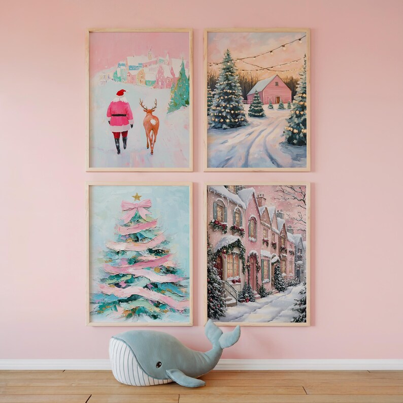 Preppy Christmas Wall Art Gallery Set | pink pastel Christmas print, trendy Christmas prints, pink Christmas decor, pastel Christmas art