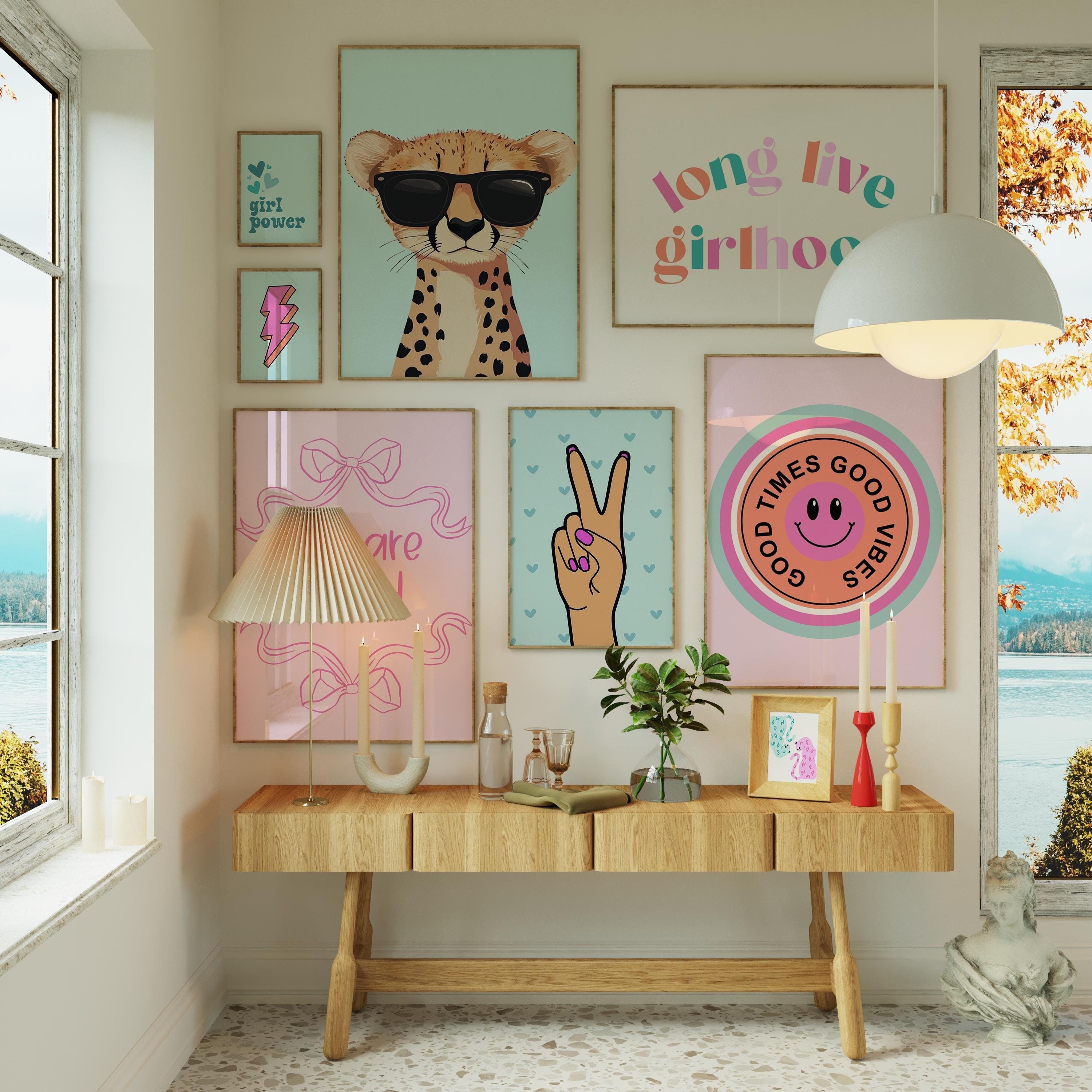 Good Vibes Decor Aesthetic Teen Room Decor Y2K Dorm Room Decor For Girls Pink and Teal Wall Art Set Of 14 Prints Teen Girl Room Decor Cherry