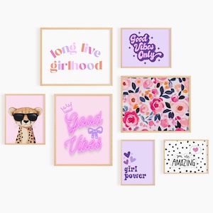 Decoración estética de habitaciones para adolescentes con buenas vibraciones, decoración de dormitorios para niñas, arte de pared rosa y morado, juego de 14 impresiones, decoración de habitaciones para adolescentes