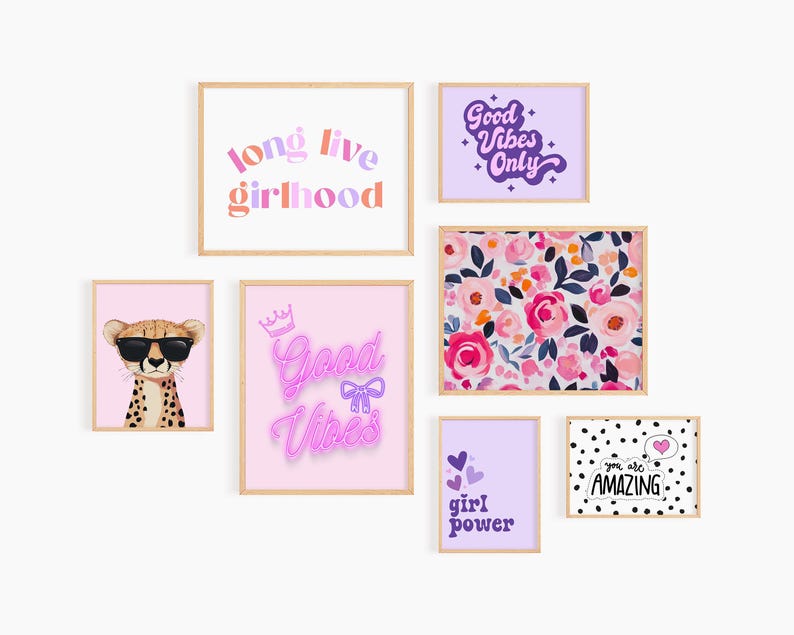 Good Vibes Decor Aesthetic Teen Room Decor Y2K Dorm Room Decor For Girls Pink and Purple Wall Art Set Of 14 Prints Teen Girl Room Decor