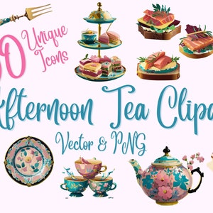 50 Afternoon Tea Icons Clipart Bundle, Vintage British Aternoon Tea en Cake Vectoren en PNG's, hoge resolutie en transparant.