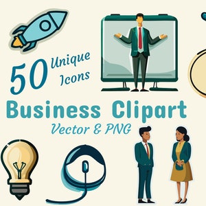 50 zakelijke professionele pictogrammen clipartbundel, blauwe en gele figuren voor presentaties, vectoren en PNG's, hoge resolutie en transparant.