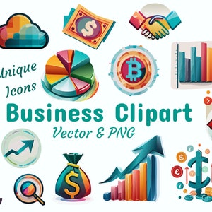Paquete de imágenes prediseñadas de 50 iconos profesionales de negocios, infografía financiera, vectores y PNG de dinero y tecnología, alta resolución y transparente.