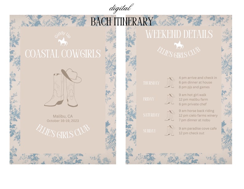 Coastal Cowgirl Bach Itinerary Template Digital Download Bachelorette