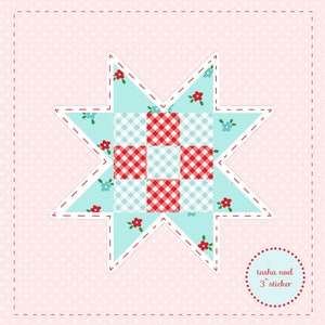 May include: A star-shaped sticker with a patchwork design. The sticker features a light blue background with small floral patterns and red gingham squares. The sticker is 3 inches in diameter and has the text "tasha noel".