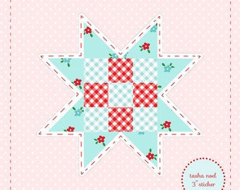 May include: A star-shaped sticker with a patchwork design. The sticker features a light blue background with small floral patterns and red gingham squares. The sticker is 3 inches in diameter and has the text "tasha noel".