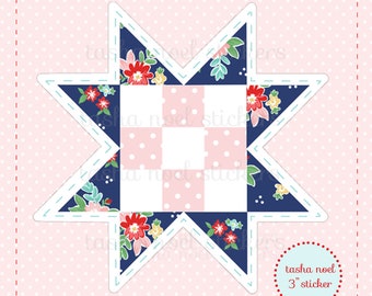 Quilt Block Star Sticker, Patchwork Flower Quilt Sticker, Vinyl Floral Sticker, Sewing Machine Sticker, iPhone Sticker, Planner Sticker