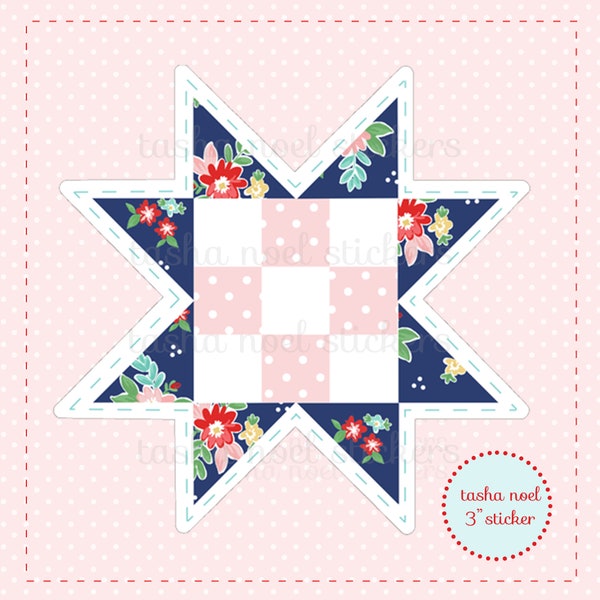 Quilt Block Star Sticker, Patchwork Flower Quilt Sticker, Vinyl Floral Sticker, Sewing Machine Sticker, iPhone Sticker, Planner Sticker