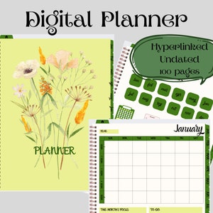 Digital Planner, Editable, Instant Download, Hyperlinked, Undated Calendar; Monthly/Weekly Planner, Wildflowers, Yellow