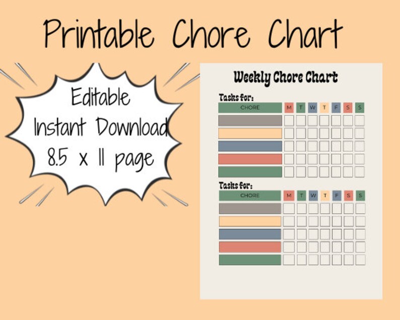 Printable, Editable Weekly Chore Chart; Instant Download; Tasks for 2 ...