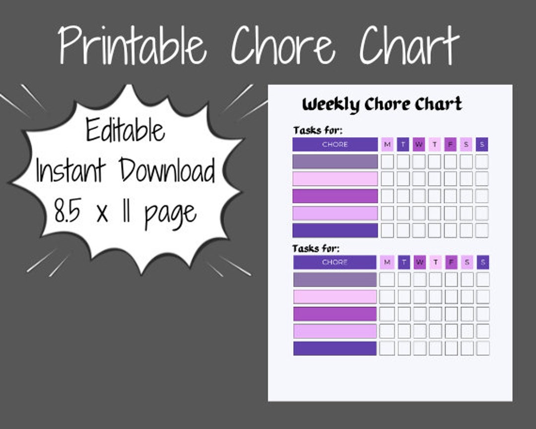 Chore Task Graph Printable, Editable, Weekly Chore Chart Instant Download Purple Tasks ...
