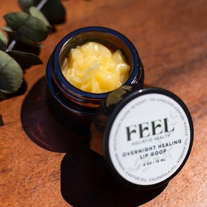 Puede incluir: Un pequeño frasco de vidrio oscuro que contiene un bálsamo labial amarillo y espeso. La tapa negra descansa junto al frasco, mostrando la etiqueta blanca con el texto FEEL HOLISTIC HEALTH OVERNIGHT HEALING LIP GOOP .5 OZ 15 ML e ingredientes.